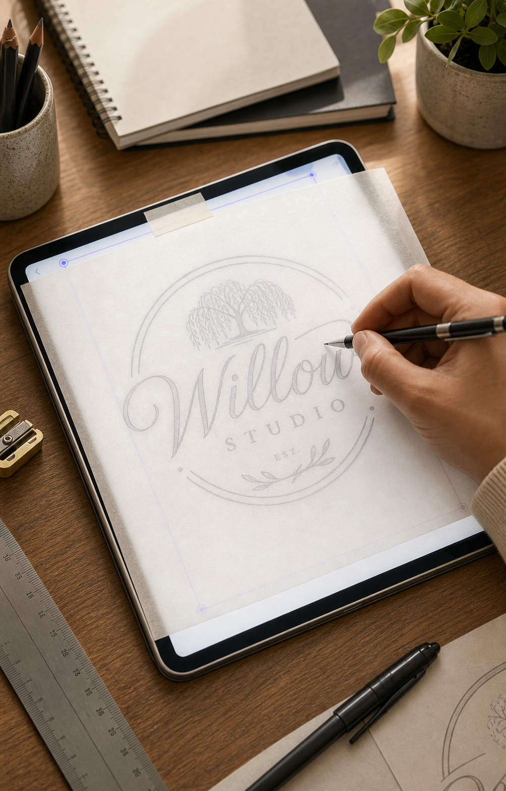 A hand tracing a lettering composition over an iPad.